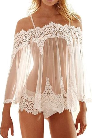 Womens See Through Lingerie Sets Sexy Chiffon Nightgown Chemise Lingerie Sleepwear Cover Up Sheer Pajama Set