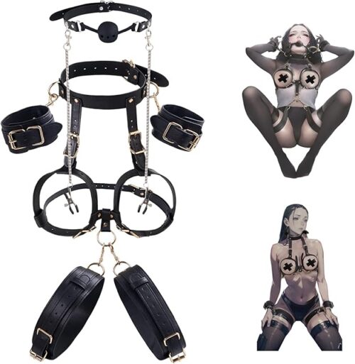 BDSM Kit Sex Breast Bondage Restraints, Upgrade 5 In 1 Detachable Wrist & Thigh Cuffs Neck to Thigh with Ball Gag Nipple Clamps, Adjustable Bed Restraints Sexy Harness,SM Game Sex toy for Women Couple