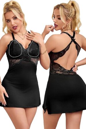 Women's Lingerie Sexy Nightgown with Chest Pads Crisscross Strap Sleepwear Boudoir Babydoll Chemise S-XXL