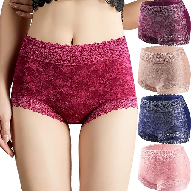 Women's Sexy Lace Hipster Underwear Cotton High Waist Boyshorts Panties For Women Seamless Ladies Briefs 4 Pack