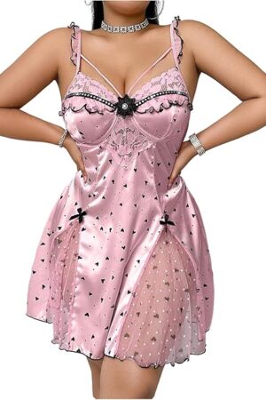 Women's Plus Size Heart Print Babydoll Nightgowns Lace Cut Out Satin Sexy Lingerie Silky Slip Cami Dress Chemise