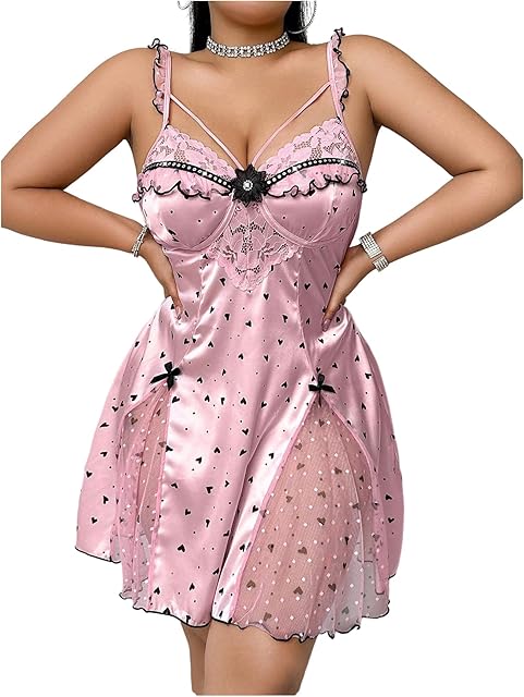 Women's Plus Size Heart Print Babydoll Nightgowns Lace Cut Out Satin Sexy Lingerie Silky Slip Cami Dress Chemise