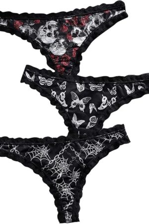 Women's Gothic Lace Trim Thongs 3 Packs Funny Printed Panties Sexy Underwear