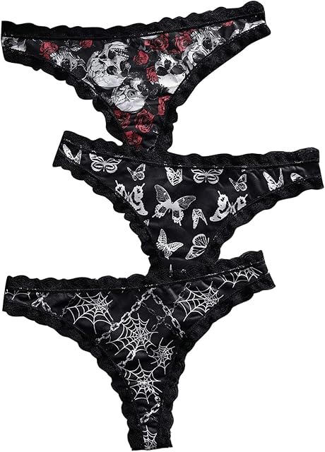 Women's Gothic Lace Trim Thongs 3 Packs Funny Printed Panties Sexy Underwear