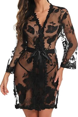 Women's Lace Kimono Robe, Embroidered V-Neck Babydoll Bridal Lingerie, Mesh Nightgown S-XXL