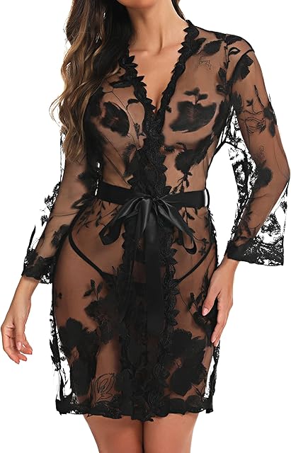 Women's Lace Kimono Robe, Embroidered V-Neck Babydoll Bridal Lingerie, Mesh Nightgown S-XXL