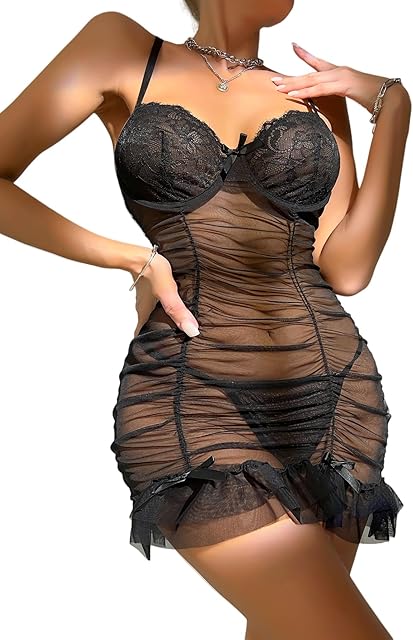 Womens Lingerie Mesh Chemise Nightgown Floral Print Sexy Nightgowns Ruffle Babydoll Nighty Dress