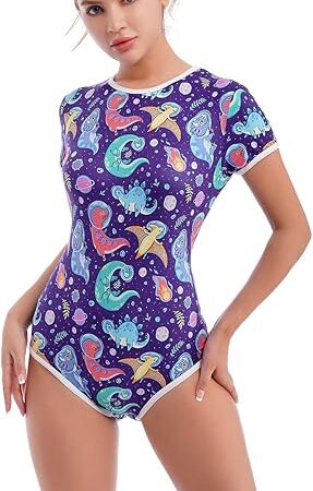 Women Sexy Short Sleeve One Piece Romper Button Crotch Bodysuit Playsuit O Neck Printed Pajama Jumpsuit Pjs Lingerie