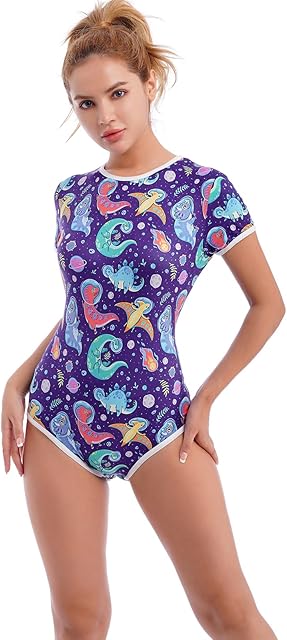Women Sexy Short Sleeve One Piece Romper Button Crotch Bodysuit Playsuit O Neck Printed Pajama Jumpsuit Pjs Lingerie