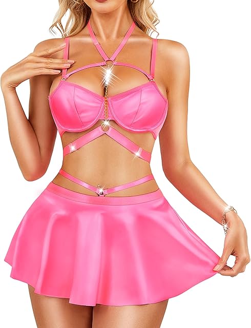 Faux Leather Lingerie for Women - Sexy Strappy Lingerie Set with Push Up Bra Choker Mini Skirt and Thong