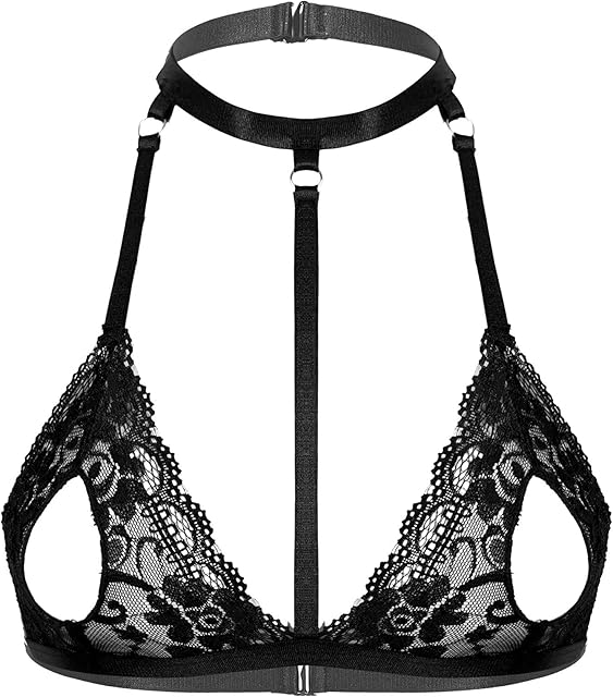 Women Halter Lingerie Sexy Lace Open Nipples Bralette Wire-Free Unlined Bra Top Nightwear
