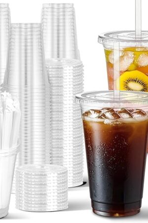 Charmount 100 Sets- 20 oz Clear Plastic Cups with Lids and Straws, Disposable To Go Cups for Cold Drinks, Iced Coffee, Milkshakes, Smoothies