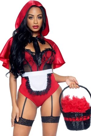 Women's 3 Pc Naughty Miss Red Riding Hood Costume with Garter Teddy, Apron, Hooded Cape