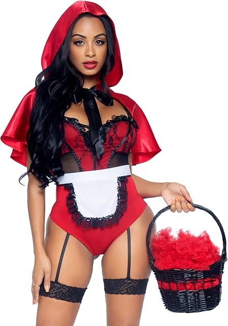 Women's 3 Pc Naughty Miss Red Riding Hood Costume with Garter Teddy, Apron, Hooded Cape