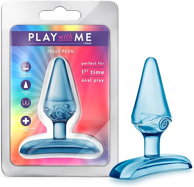 Blush Novelties Play with Me - Jolly Plug - Petite 2.75" Anal Plug - Tapered Head for Easy Insertion Perfect for Beginner's - Base Anchors Plug Outside The Body for Comfort - Adult Sex Toy - Blue