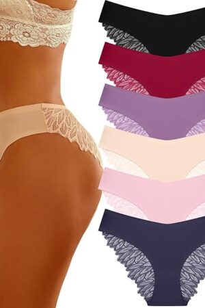 6 Pack Sexy Underwear for Women Silky Seamless No Show Panties Ladies Lace Bikini Lightweight Cheeky Hipster
