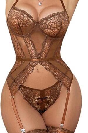 Women's Sexy Lace Teddy Bodysuit Floral Garter Lingerie with Panties and Stockings,S-XXL