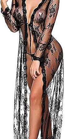 Women Sexy Robe Lace Sheer Long Kimono Nightgown Lingerie with G-string
