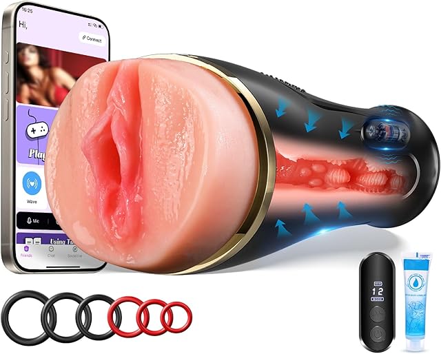 Vibrating Male Masturbator Sex Toys - 75" Depth Squeezable App Control Male Vibrator Stroker with 12 Vibrations, Plump Fleshy Realistic Pocket Pussy Vagina Blowjob Adult Sex Toys for Men Masturbating