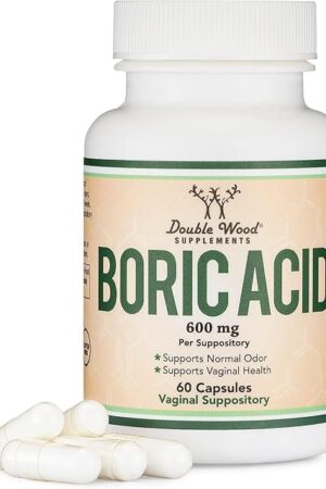 Boric Acid Suppositories (600mg Vaginal Suppository, 60 Count) Supports Vaginal pH Balance, Odor Control (USP Medical Grade Fine Powder, Easy Dissolve, Third Party Tested) by Double Wood