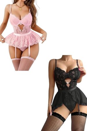 Hot Sexy Lingerie For Women Red Sexy Lingerie For Women With Garters Lace Teddy Bodysuit Stockings