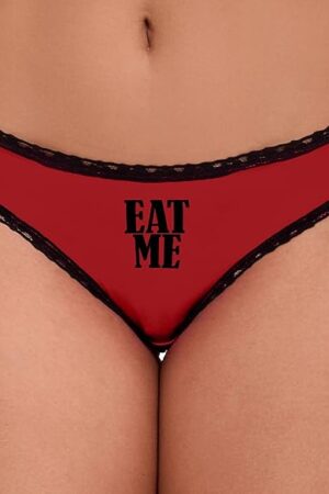 Eat Me Lick Me Suck Me Oral Sex Demand It Suggestive Slutty Red and Black Bikini Panties Adult Flirty Fun