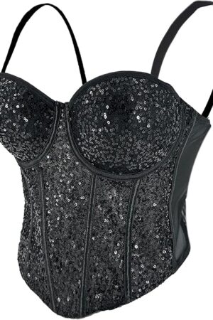 Women's Sexy Sequin Sheer Mesh Bustier Corset Tops Black
