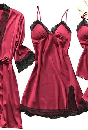 Women' Silk Satin Pajamas Set 4pcs Lingerie Floral Lace Cami Pjs Sets Matching Sexy Pajama Set Sleepwear with Robe
