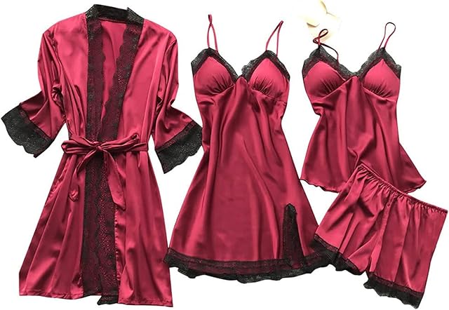 Women' Silk Satin Pajamas Set 4pcs Lingerie Floral Lace Cami Pjs Sets Matching Sexy Pajama Set Sleepwear with Robe