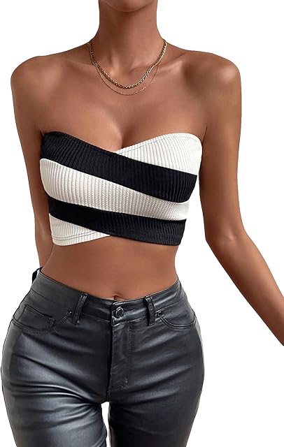 Women's Color Block Strapless Wrap Front Sexy Micro Crop Tube Bandeau Top