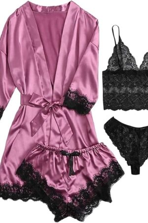 Womens Silk Pajamas Robes Set 4PACKS Sexy Pjs Cami Shorts Satin Sleepwear Lace Loungewear (Purple, X-large)