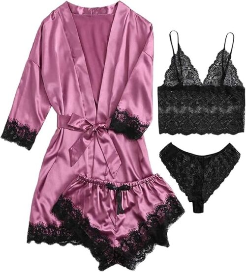 Womens Silk Pajamas Robes Set 4PACKS Sexy Pjs Cami Shorts Satin Sleepwear Lace Loungewear (Purple, X-large)