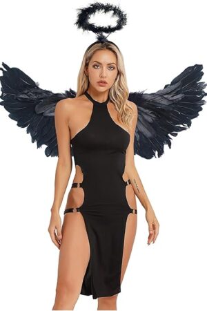 Women's Sexy Dark Angel Costume Sets Hollow Out Lingerie Dress with Feather Wings Headwear