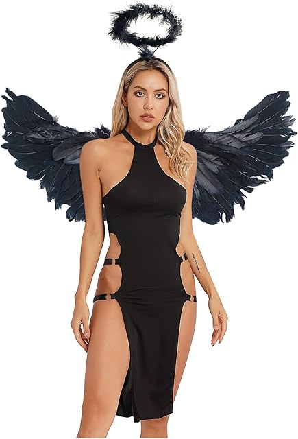 Women's Sexy Dark Angel Costume Sets Hollow Out Lingerie Dress with Feather Wings Headwear