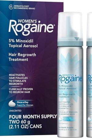 Women's Rogaine 5% Minoxidil Foam, Topical Once-A-Day Hair Loss Treatment for Women to Regrow Fuller, Thicker Hair, Unscented, 4-Month Supply, 2 x 211 oz