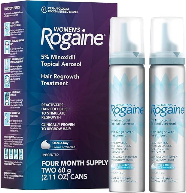 Women's Rogaine 5% Minoxidil Foam, Topical Once-A-Day Hair Loss Treatment for Women to Regrow Fuller, Thicker Hair, Unscented, 4-Month Supply, 2 x 211 oz