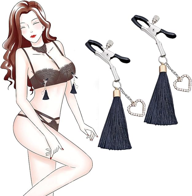 Breast Clamps Clitoris Clamps Nipple Clip for Women, Nipple Clamps with Hearts and Tassels Decoration, Soft Rubber Clamps Adjustable BDSM Set SM Sex Play Game Toys for Couples Lovers Home Bed Flirt