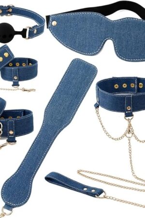 BDSM Bondage Kit for Couples Denim Blue Bondage Restraints Set with Handcuffs, Ankle Cuffs, Collar, Blindfold, Paddle & Mouth Gag Adult Bondage Gear for Beginners & Advanced, Sex Toys for Couples