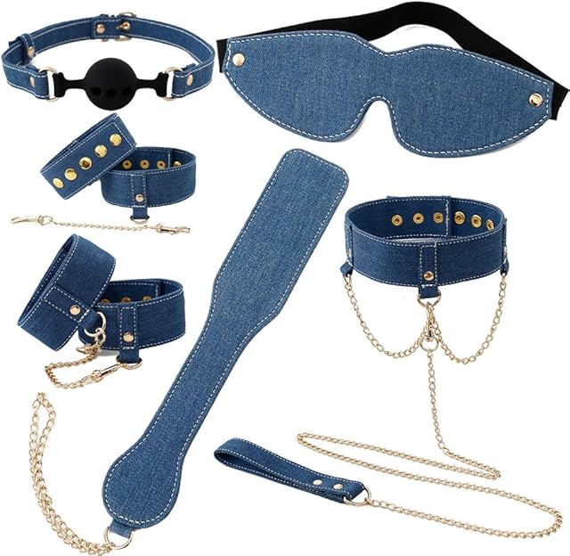 BDSM Bondage Kit for Couples Denim Blue Bondage Restraints Set with Handcuffs, Ankle Cuffs, Collar, Blindfold, Paddle & Mouth Gag Adult Bondage Gear for Beginners & Advanced, Sex Toys for Couples