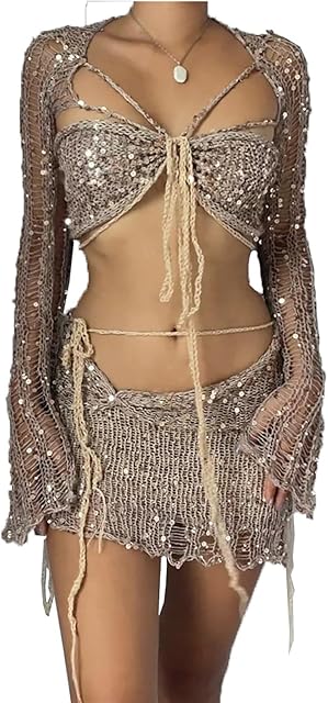 Women's Party Crochet Sequin Lingerie Outfits Sexy Long Sleeve Hollow Out Crop Tops and Short Skirts 2 Piece Beach Sets
