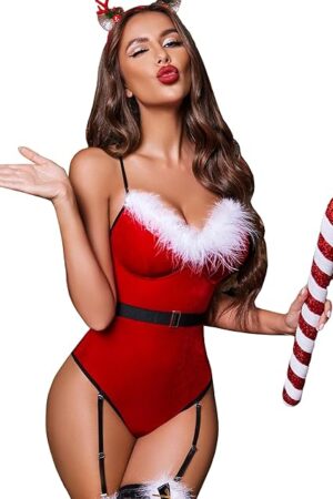 Avidlove Lingerie for Women Velvet Teddy Bodysuits Babydolls Christmas Costumes Chemises Set with Garter Belts