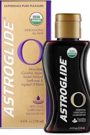 Astroglide Sensual Massage Oil and Lube (4oz), O Organic Essential Oil Based Hydrating Personal Lubricant, USDA Certified Organic