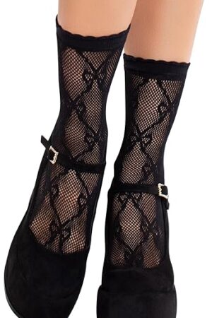 Womens Black Fishnet Stockings Anklet Bow Socks with Scalloped Trim, Black, One Size