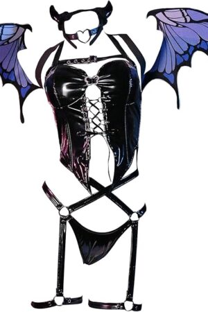 Butterfly Goth Lingerie for Women Sexy Cosplay Halloween Gothic Halter Lace-up Corset Top Thong with Wing Gloves