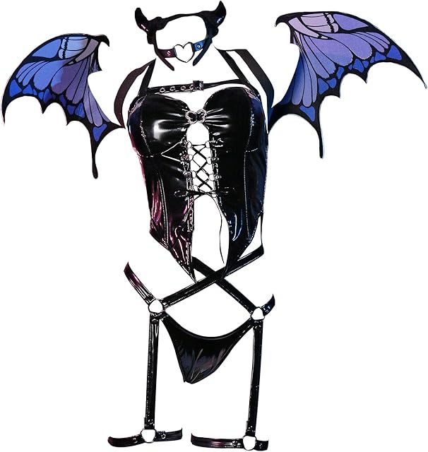 Butterfly Goth Lingerie for Women Sexy Cosplay Halloween Gothic Halter Lace-up Corset Top Thong with Wing Gloves