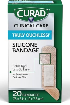CURAD Truly Ouchless!? Silicone Bandages, 75" x 3", For Sensitive or Delicate Skin, Flexible Fabric, Protects Scrapes, Cuts & Burns, 20 Count