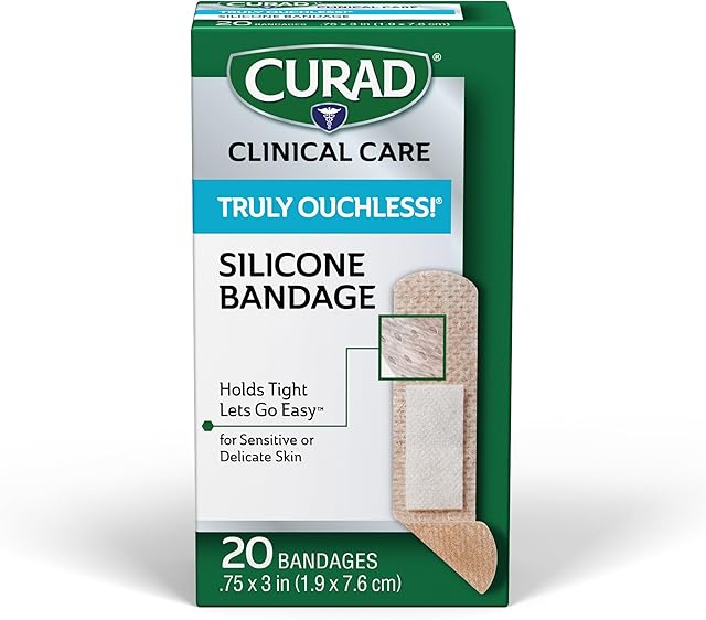 CURAD Truly Ouchless!? Silicone Bandages, 75" x 3", For Sensitive or Delicate Skin, Flexible Fabric, Protects Scrapes, Cuts & Burns, 20 Count