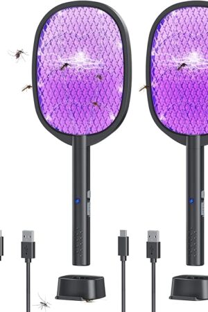 2 Pack Electric Fly Swatter 2 in 1 Bug Zapper Racket & Mosquito Zapper,4000V with USB Charging Base?Powerful Mosquito Swatter with 3 Layers of Safety Net Suitable for Indoor and Outdoor?