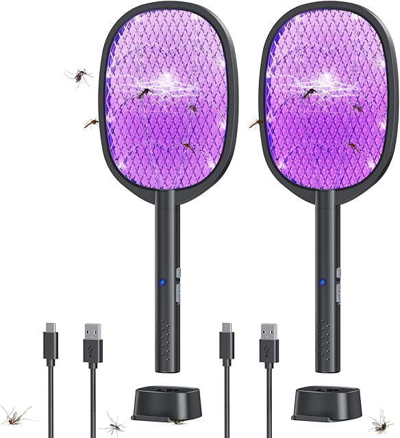 2 Pack Electric Fly Swatter 2 in 1 Bug Zapper Racket & Mosquito Zapper,4000V with USB Charging Base?Powerful Mosquito Swatter with 3 Layers of Safety Net Suitable for Indoor and Outdoor?