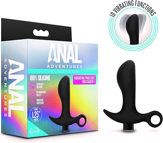 Blush Anal Adventures 4.25" Curved Vibrating Anal Plug, Ultrasilk Silicone Prostate Massager - 10 Vibration Modes, USB Rechargeable, Waterproof - P-Spot, Butt Sex Toy for Men, Women, Couples - (Black)